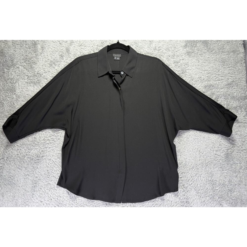 Theory Women's Black Medium Silk Blend Hidden Button Up Minimalist 3/4 Sleeve‎ - Picture 3 of 10